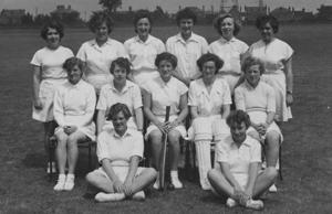 The Worcester Women's cricket team wearing white uniforms in 1953