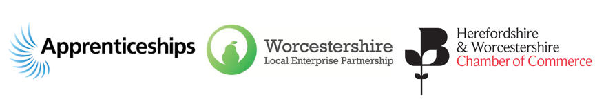The UK Government's Apprenticeships logos, and the logos for the Worcestershire Local Enterprise Partnership, and the Herefordshire & Worcestershire Chamber of Commerce