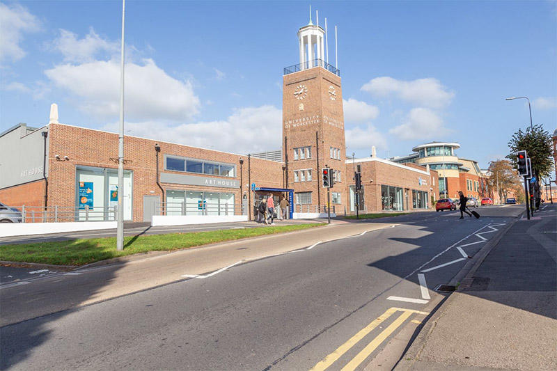 A shot of the University of Worcester's Arthouse building taken from the other side of the street.