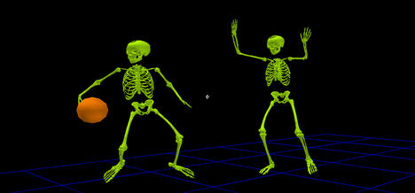 Two green skeletons play basketball in a black void