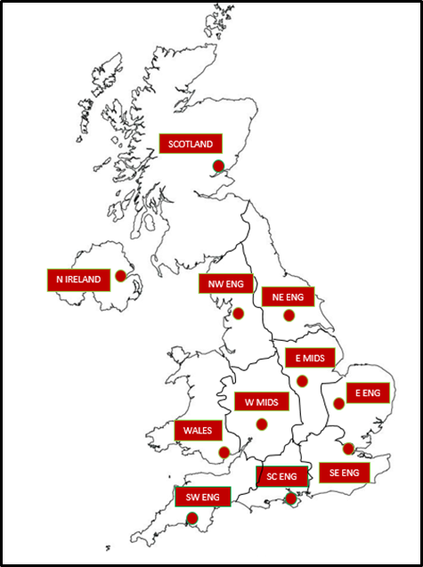 A map of the pollen forecast regions.  The Information shown on this diagram is written in the accompanying text.