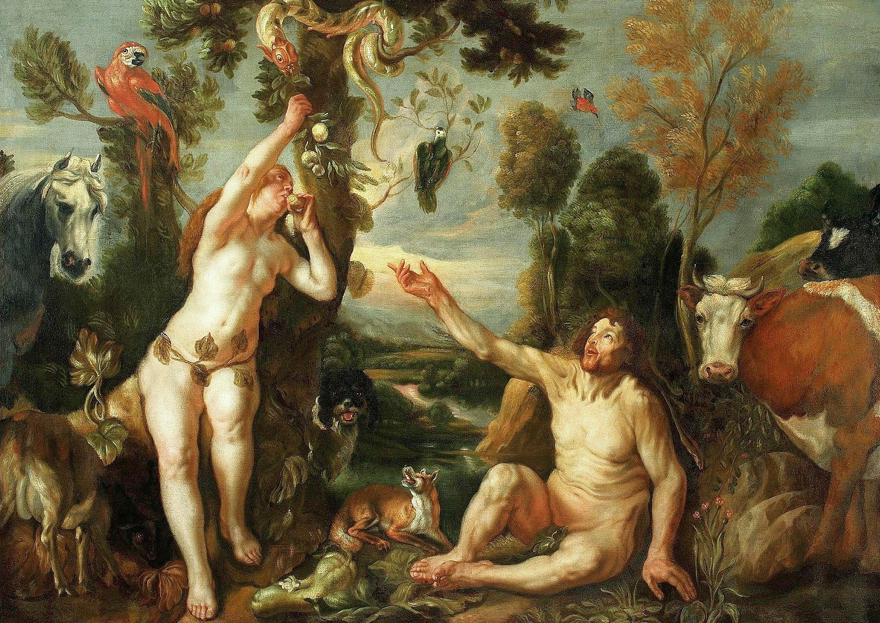 Adam implores Eve not to pick fruit from a tree with a snake in it, while an audience of bystander mammals look on, oblivious.