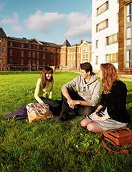 Students sit outside in the grass on a sunny day
