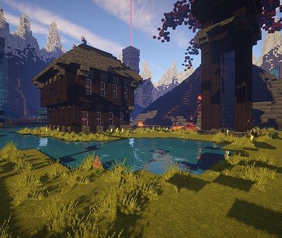 A still from the game Minecraft showing a house and some plants