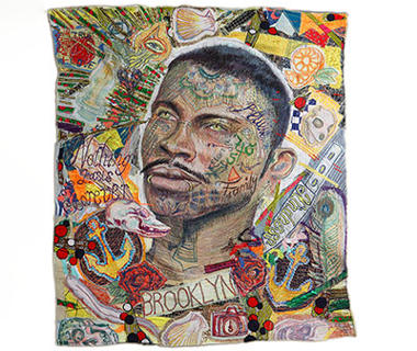 A close up image of one of Oly Bliss' tapestries of a tattooed man