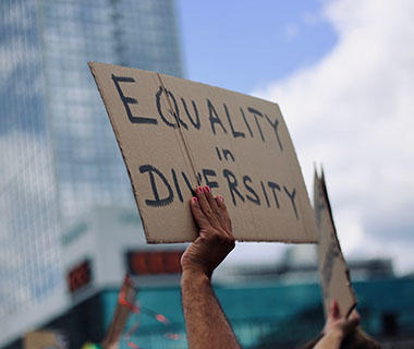 a sign being held in the air that says Equality in Diversity