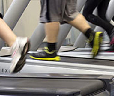 Four pairs of legs on four separate running machines