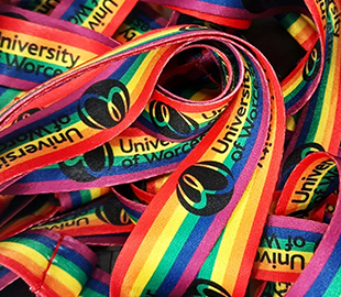 lgbt lanyards with the University of Worcester logo